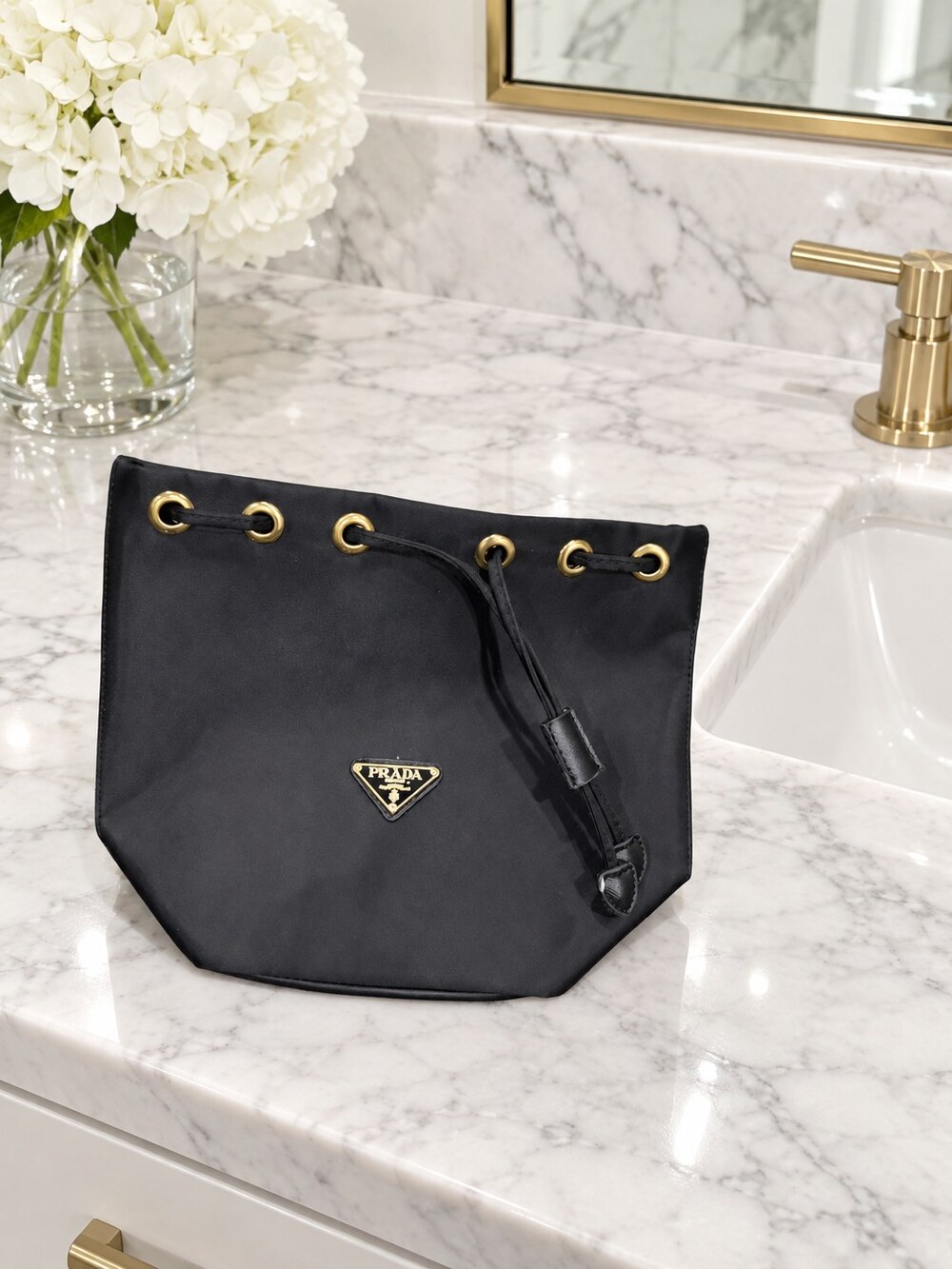 Prada Black Drawstring Makeup Bag | Gold-Tone Details
